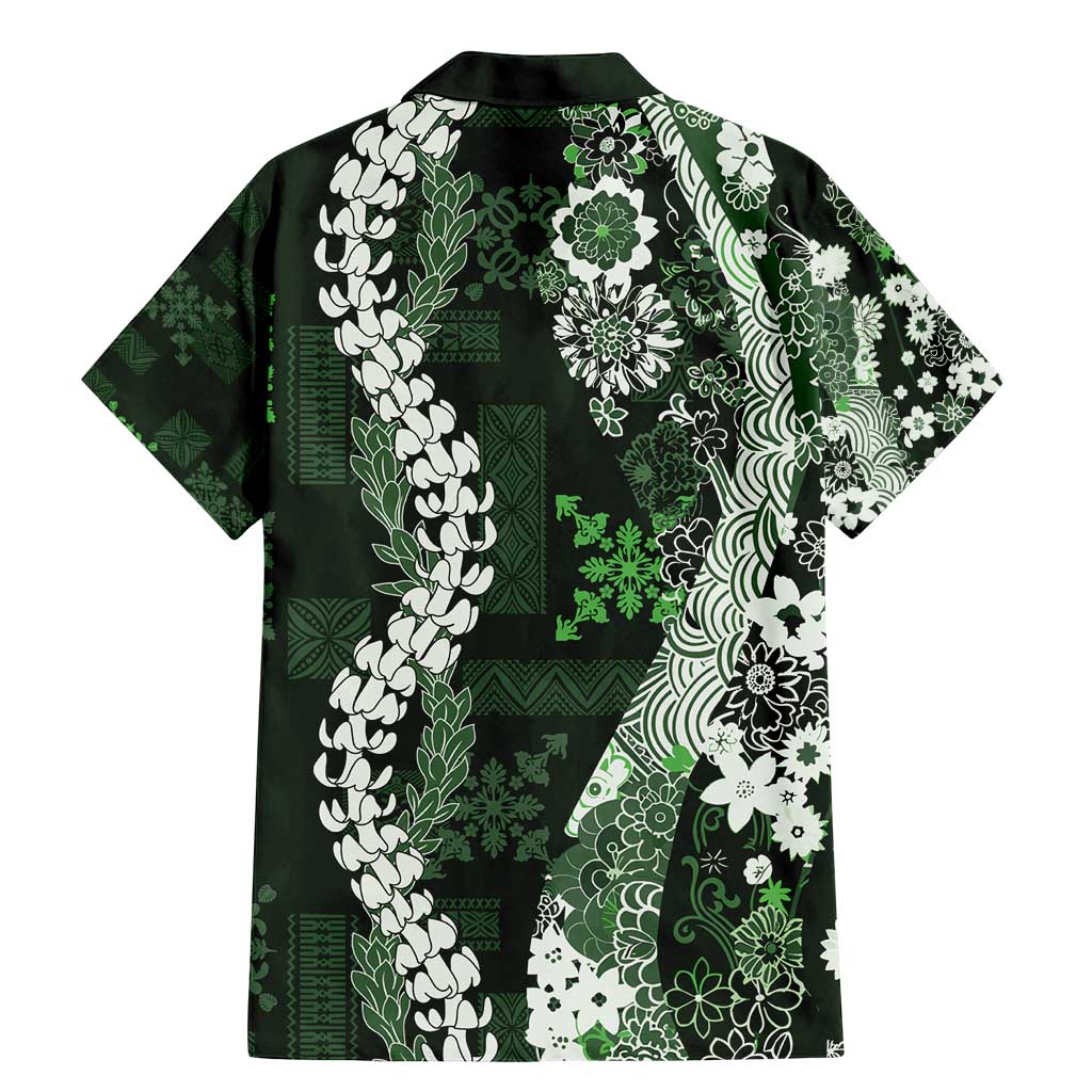 Hawaii Puakenikeni and Maile Lei Family Matching Mermaid Dress and Hawaiian Shirt Green Japanese Wave Style - Polynesian Pride