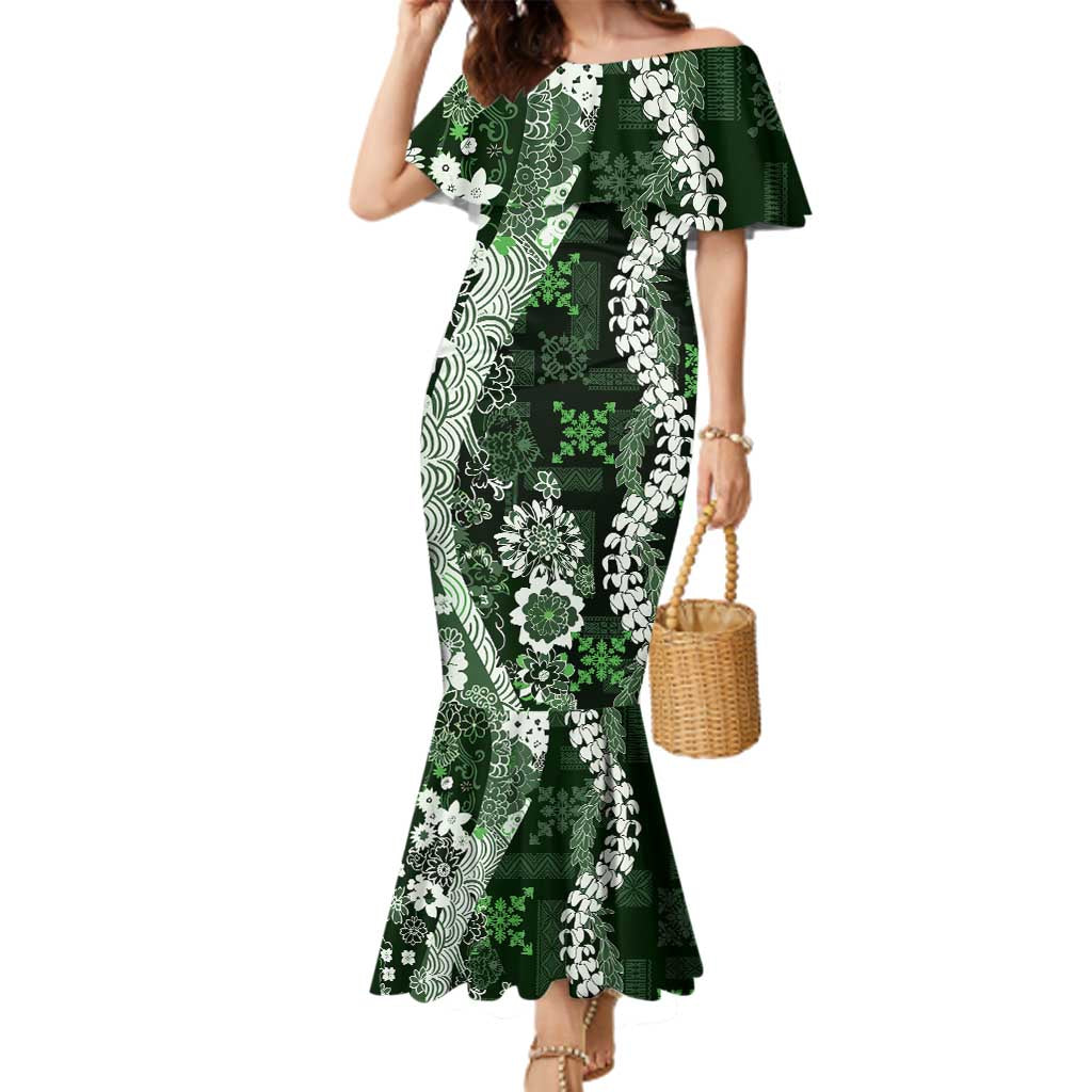 Hawaii Puakenikeni and Maile Lei Family Matching Mermaid Dress and Hawaiian Shirt Green Japanese Wave Style - Polynesian Pride