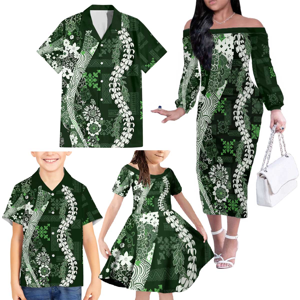 Hawaii Puakenikeni and Maile Lei Family Matching Off The Shoulder Long Sleeve Dress and Hawaiian Shirt Green Japanese Wave Style - Polynesian Pride