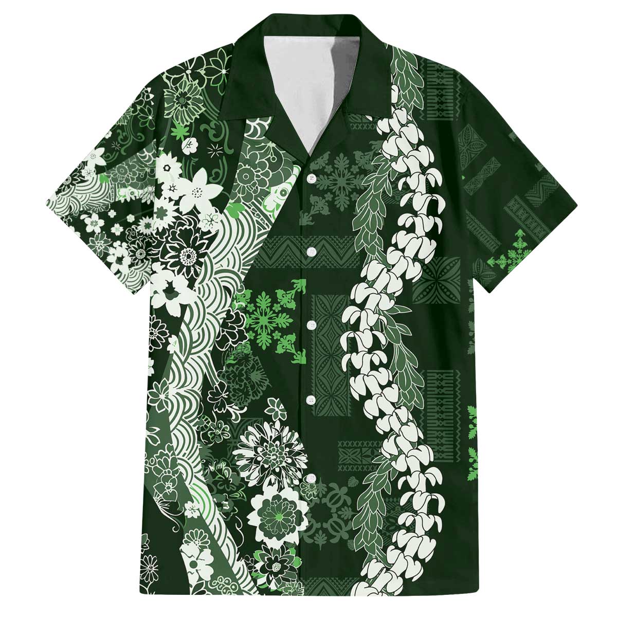 Hawaii Puakenikeni and Maile Lei Family Matching Off The Shoulder Long Sleeve Dress and Hawaiian Shirt Green Japanese Wave Style - Polynesian Pride