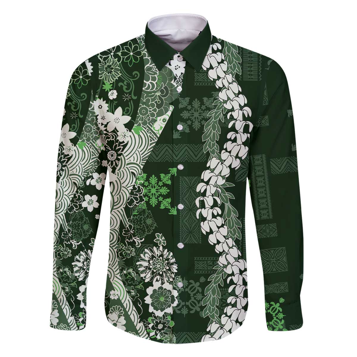 Hawaii Puakenikeni and Maile Lei Family Matching Off The Shoulder Long Sleeve Dress and Hawaiian Shirt Green Japanese Wave Style - Polynesian Pride