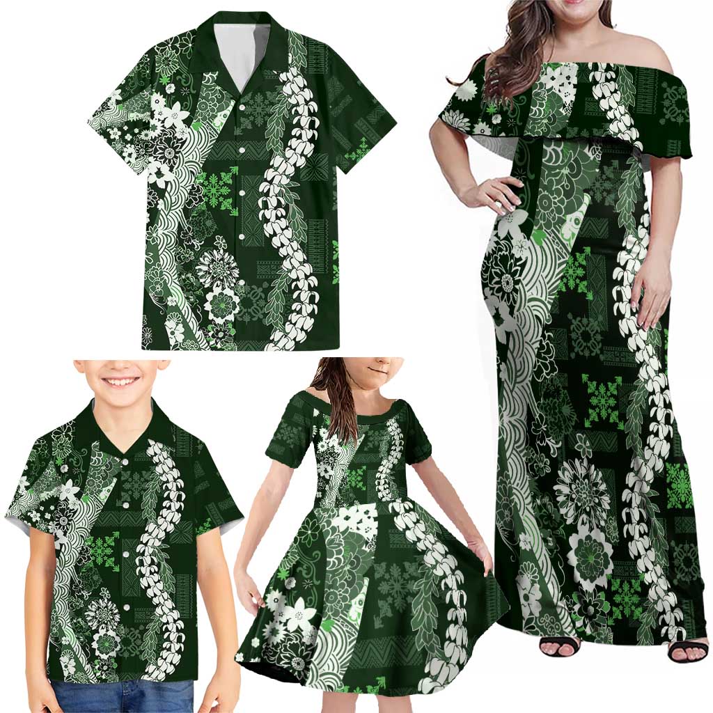 Hawaii Puakenikeni and Maile Lei Family Matching Off Shoulder Maxi Dress and Hawaiian Shirt Green Japanese Wave Style - Polynesian Pride