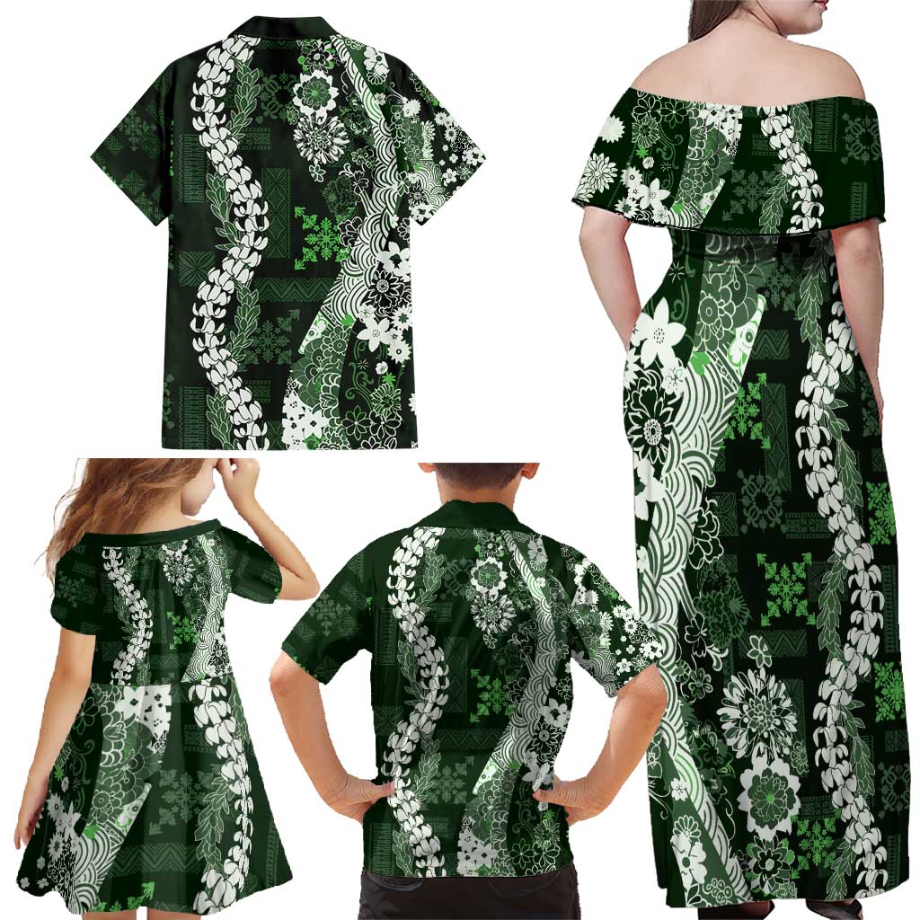 Hawaii Puakenikeni and Maile Lei Family Matching Off Shoulder Maxi Dress and Hawaiian Shirt Green Japanese Wave Style - Polynesian Pride