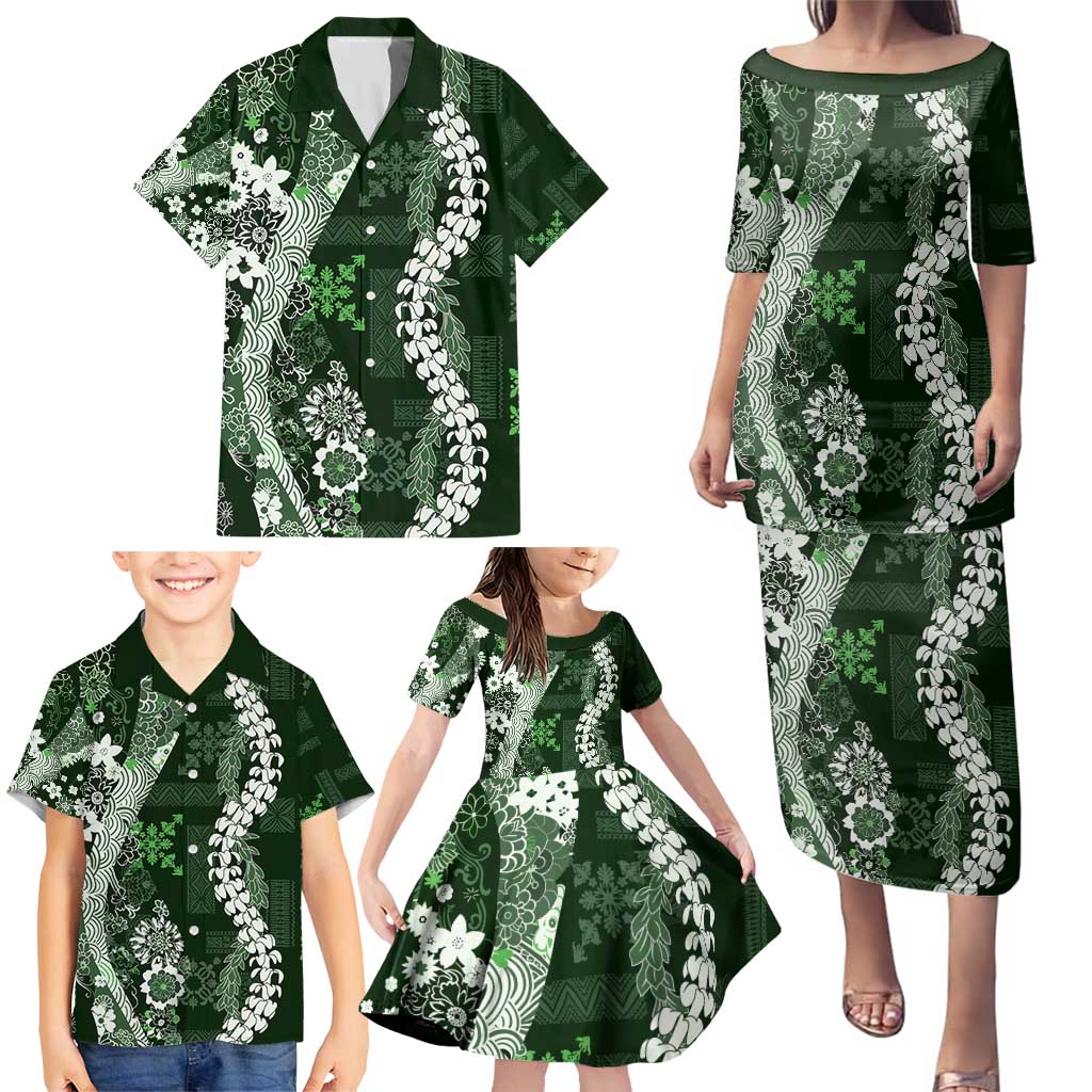 Hawaii Puakenikeni and Maile Lei Family Matching Puletasi and Hawaiian Shirt Green Japanese Wave Style - Polynesian Pride