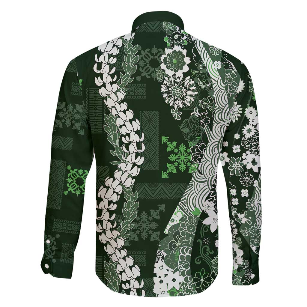 Hawaii Puakenikeni and Maile Lei Family Matching Puletasi and Hawaiian Shirt Green Japanese Wave Style - Polynesian Pride