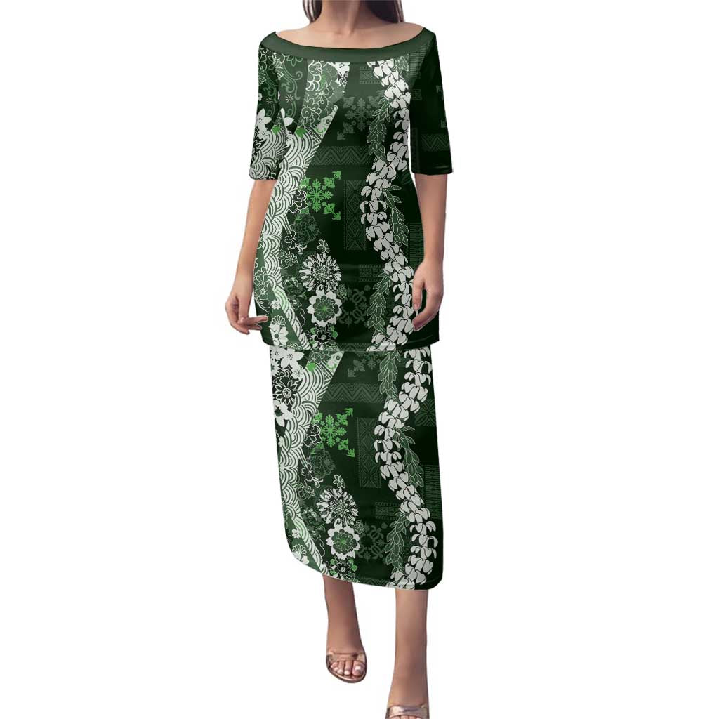 Hawaii Puakenikeni and Maile Lei Family Matching Puletasi and Hawaiian Shirt Green Japanese Wave Style - Polynesian Pride