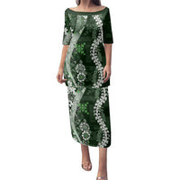 Hawaii Puakenikeni and Maile Lei Family Matching Puletasi and Hawaiian Shirt Green Japanese Wave Style - Polynesian Pride