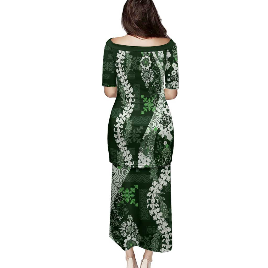 Hawaii Puakenikeni and Maile Lei Family Matching Puletasi and Hawaiian Shirt Green Japanese Wave Style - Polynesian Pride