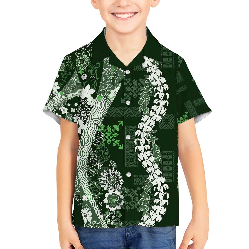 Hawaii Puakenikeni and Maile Lei Family Matching Puletasi and Hawaiian Shirt Green Japanese Wave Style - Polynesian Pride