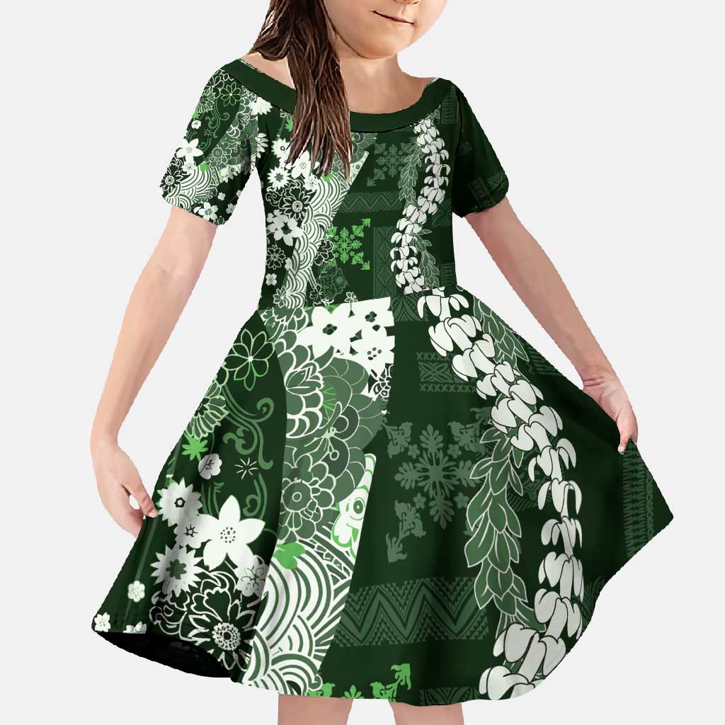 Hawaii Puakenikeni and Maile Lei Family Matching Short Sleeve Bodycon Dress and Hawaiian Shirt Green Japanese Wave Style - Polynesian Pride