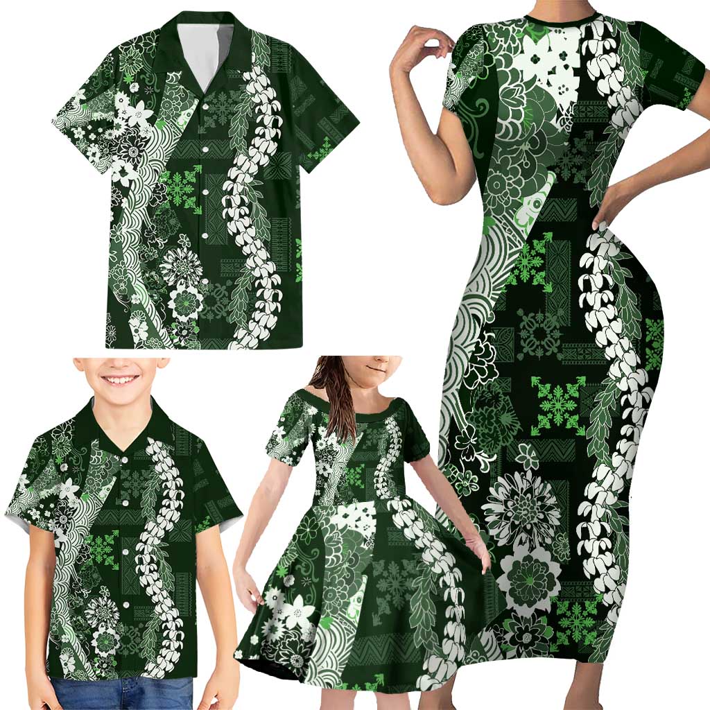 Hawaii Puakenikeni and Maile Lei Family Matching Short Sleeve Bodycon Dress and Hawaiian Shirt Green Japanese Wave Style - Polynesian Pride