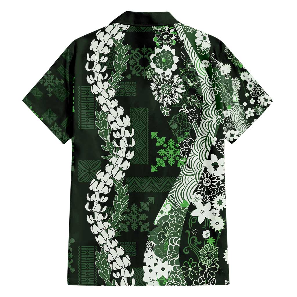 Hawaii Puakenikeni and Maile Lei Family Matching Short Sleeve Bodycon Dress and Hawaiian Shirt Green Japanese Wave Style - Polynesian Pride