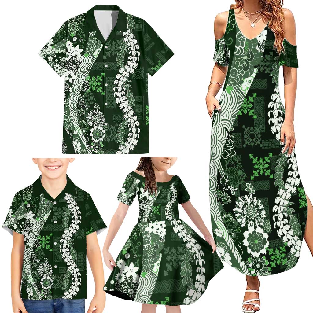 Hawaii Puakenikeni and Maile Lei Family Matching Summer Maxi Dress and Hawaiian Shirt Green Japanese Wave Style - Polynesian Pride