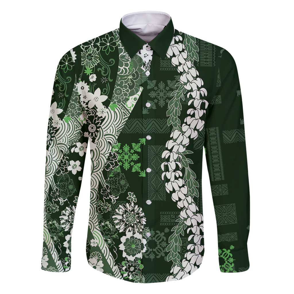 Hawaii Puakenikeni and Maile Lei Family Matching Summer Maxi Dress and Hawaiian Shirt Green Japanese Wave Style - Polynesian Pride