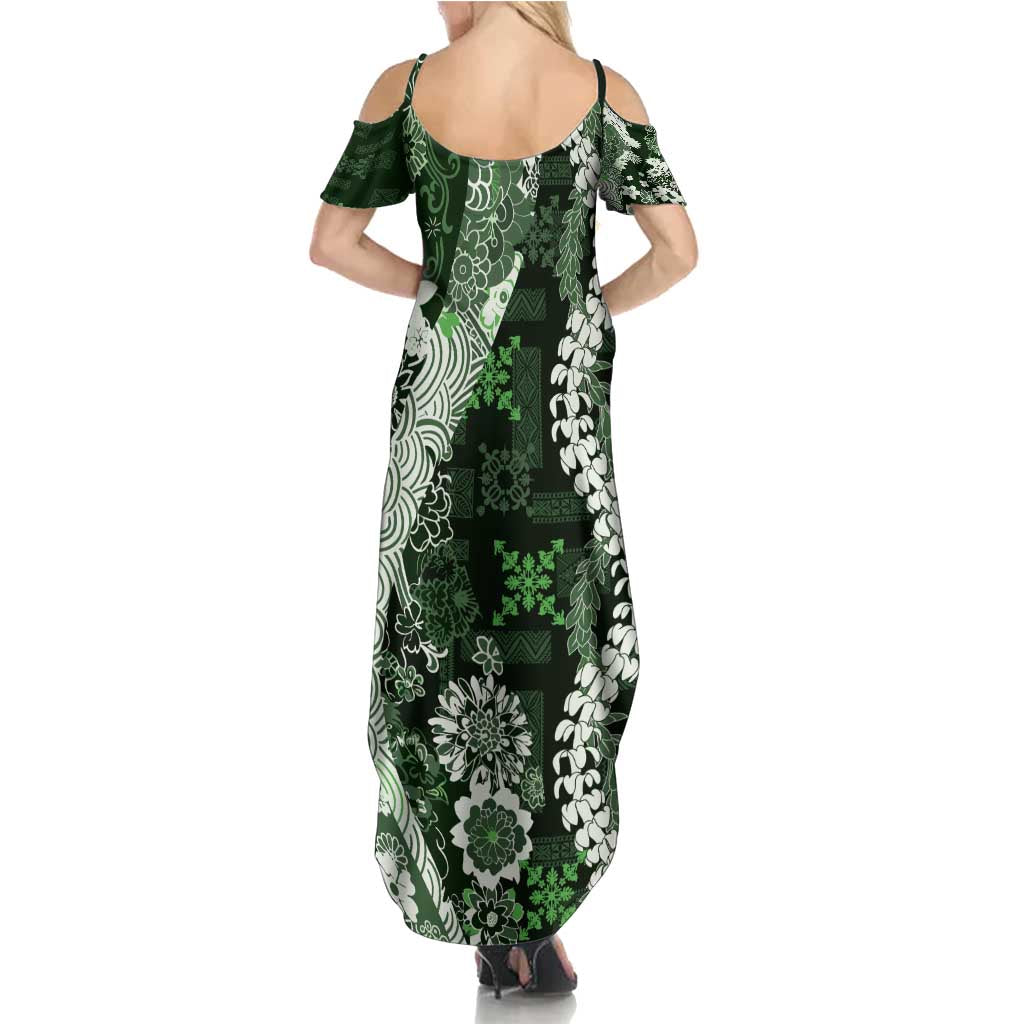 Hawaii Puakenikeni and Maile Lei Family Matching Summer Maxi Dress and Hawaiian Shirt Green Japanese Wave Style - Polynesian Pride