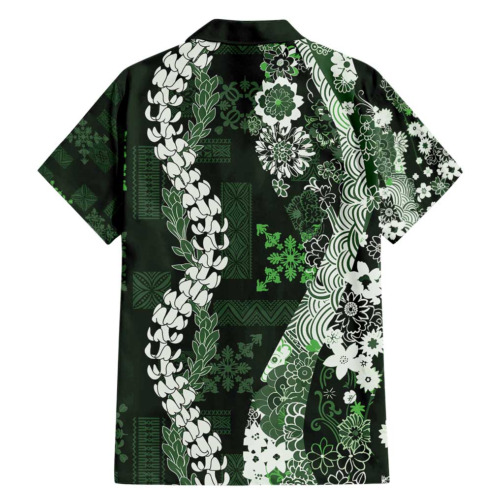 Hawaii Puakenikeni and Maile Lei Family Matching Tank Maxi Dress and Hawaiian Shirt Green Japanese Wave Style - Polynesian Pride