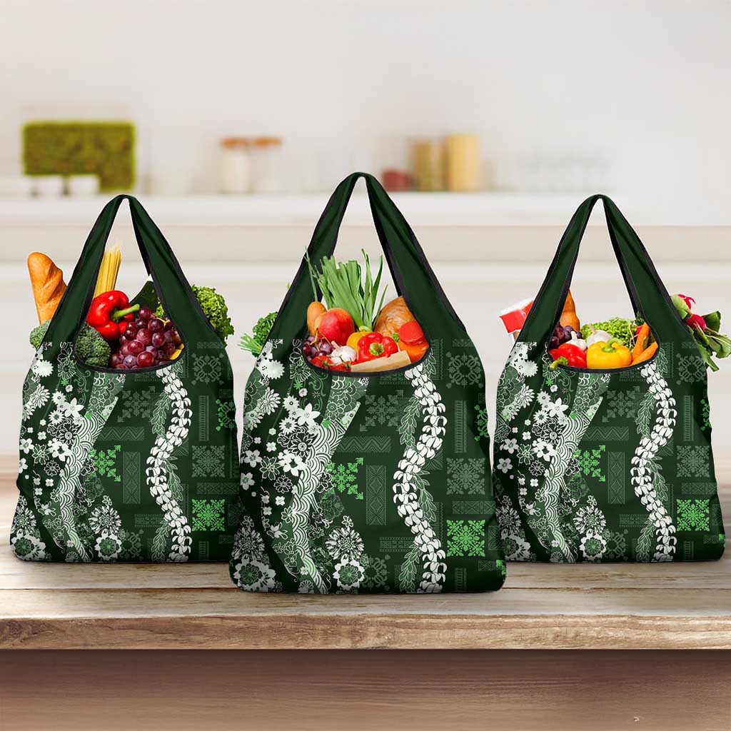Hawaii Puakenikeni and Maile Lei Grocery Bag Green Japanese Wave Style - Polynesian Pride