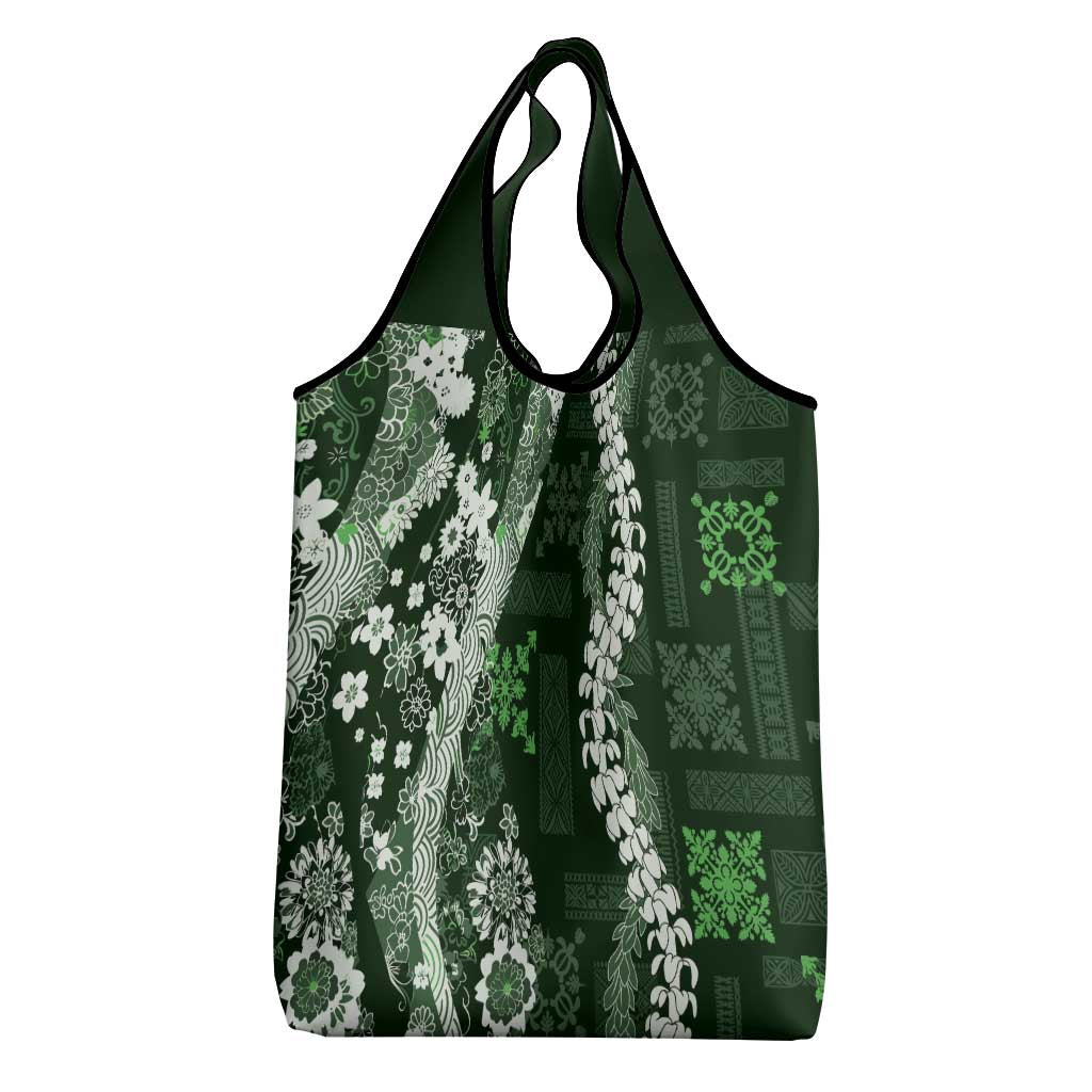 Hawaii Puakenikeni and Maile Lei Grocery Bag Green Japanese Wave Style - Polynesian Pride
