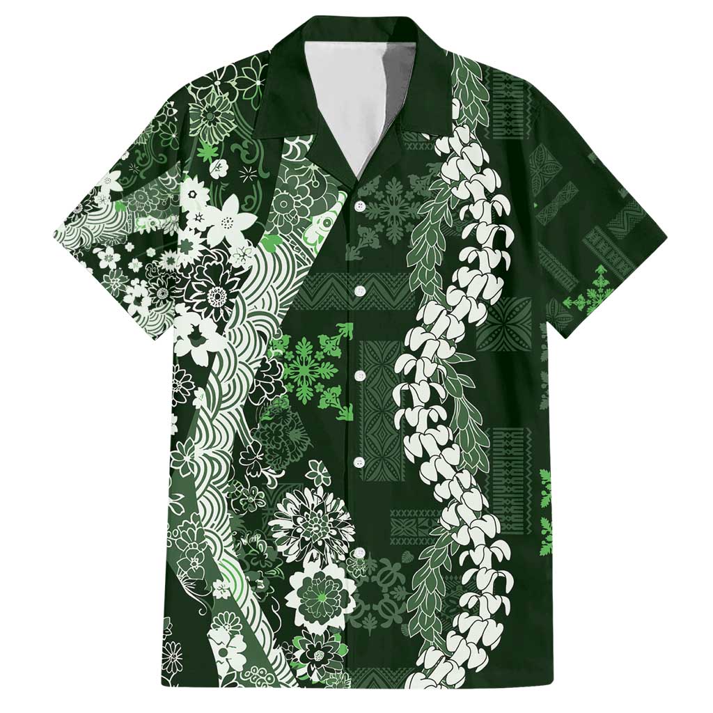 Hawaii Puakenikeni and Maile Lei Hawaiian Shirt Green Japanese Wave Style - Polynesian Pride