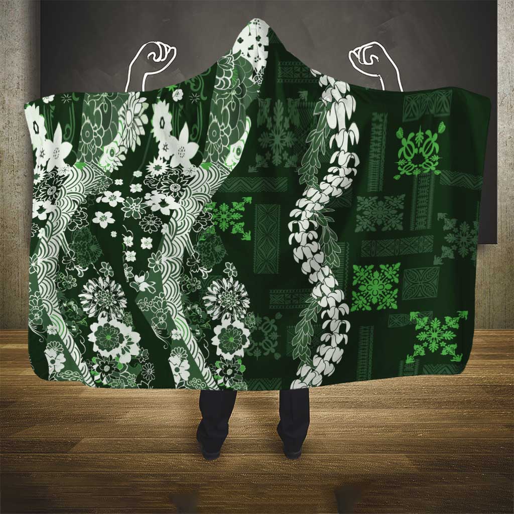 Hawaii Puakenikeni and Maile Lei Hooded Blanket Green Japanese Wave Style LT9 - Polynesian Pride