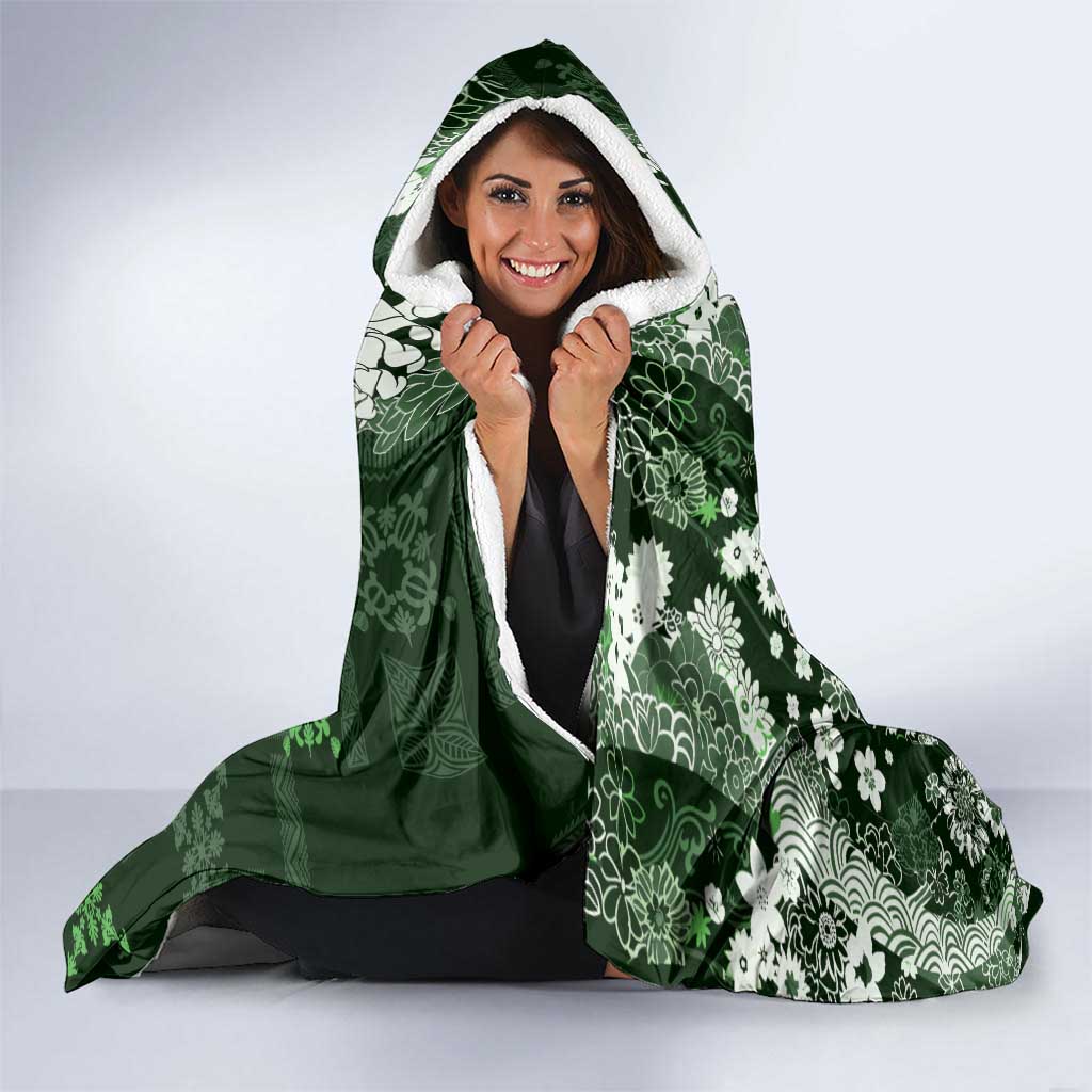 Hawaii Puakenikeni and Maile Lei Hooded Blanket Green Japanese Wave Style LT9 - Polynesian Pride