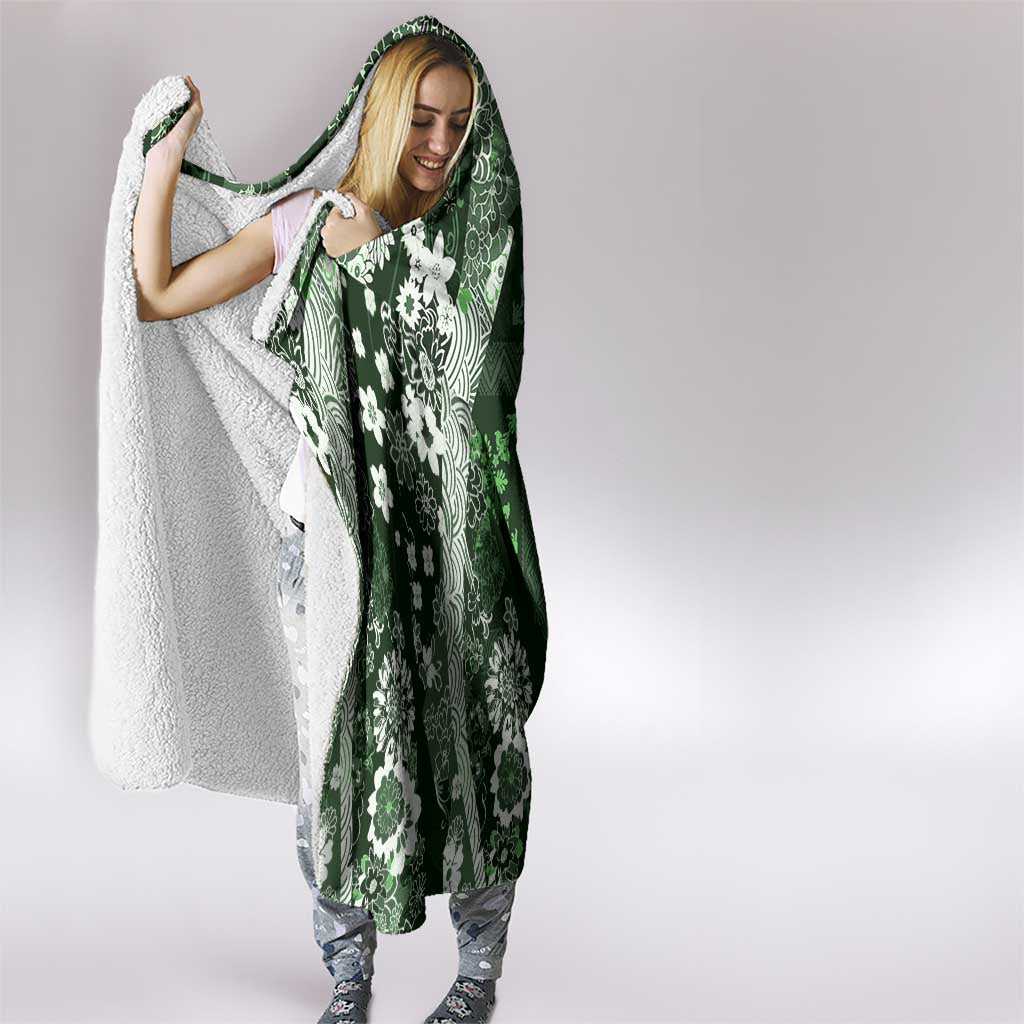 Hawaii Puakenikeni and Maile Lei Hooded Blanket Green Japanese Wave Style LT9 - Polynesian Pride