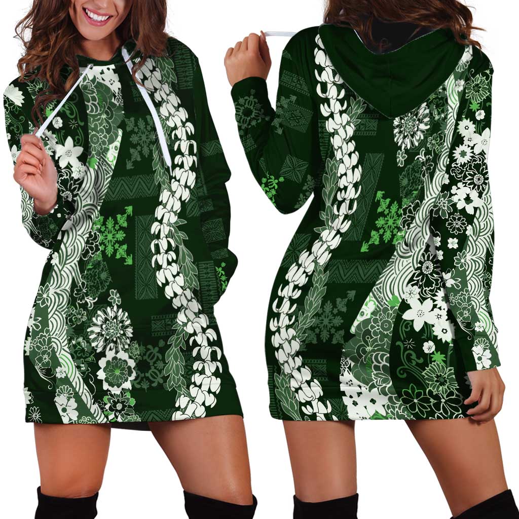 Hawaii Puakenikeni and Maile Lei Hoodie Dress Green Japanese Wave Style - Polynesian Pride