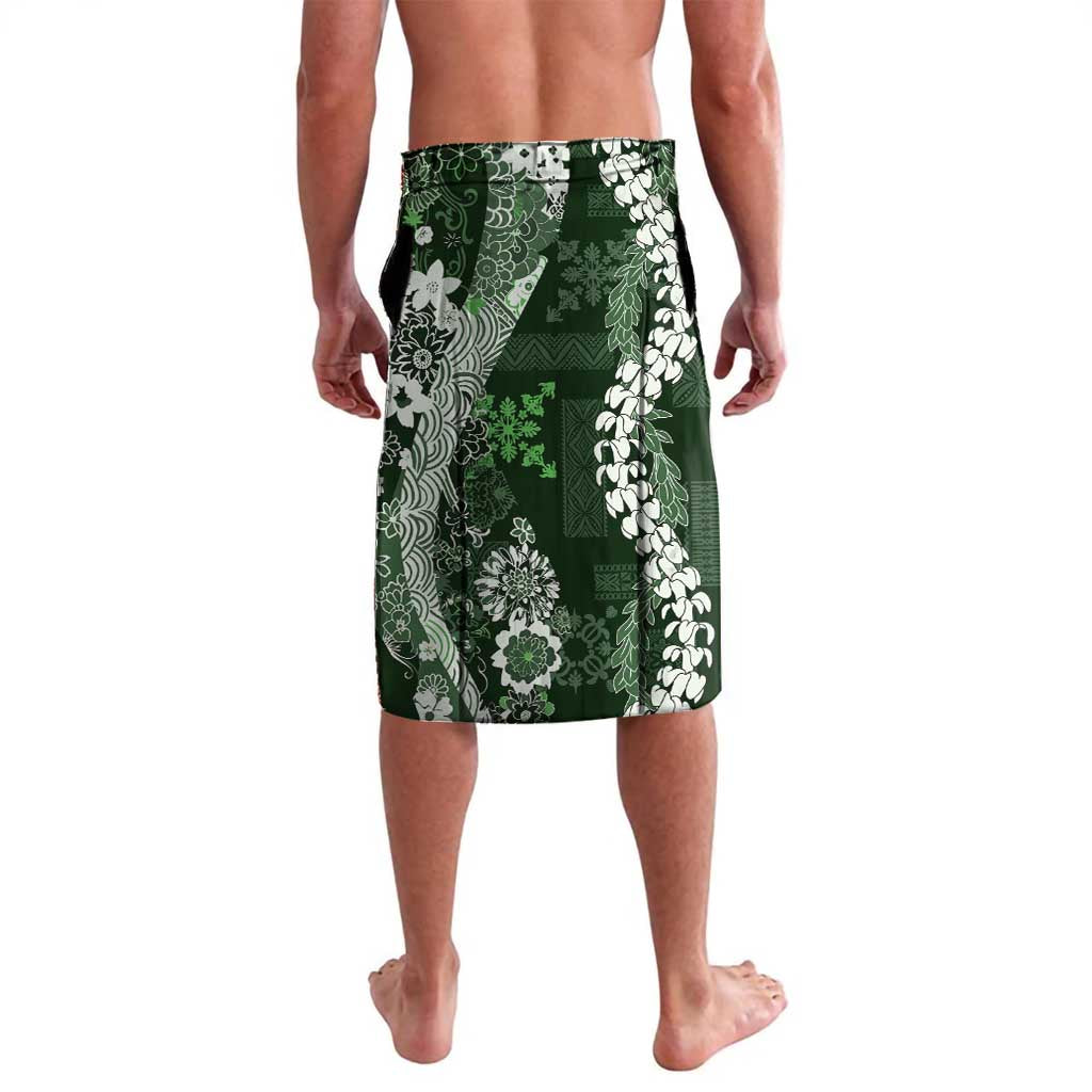 Hawaii Puakenikeni and Maile Lei Lavalava Green Japanese Wave Style - Polynesian Pride