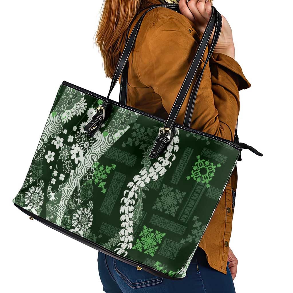 Hawaii Puakenikeni and Maile Lei Leather Tote Bag Green Japanese Wave Style - Polynesian Pride