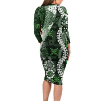 Hawaii Puakenikeni and Maile Lei Long Sleeve Bodycon Dress Green Japanese Wave Style - Polynesian Pride