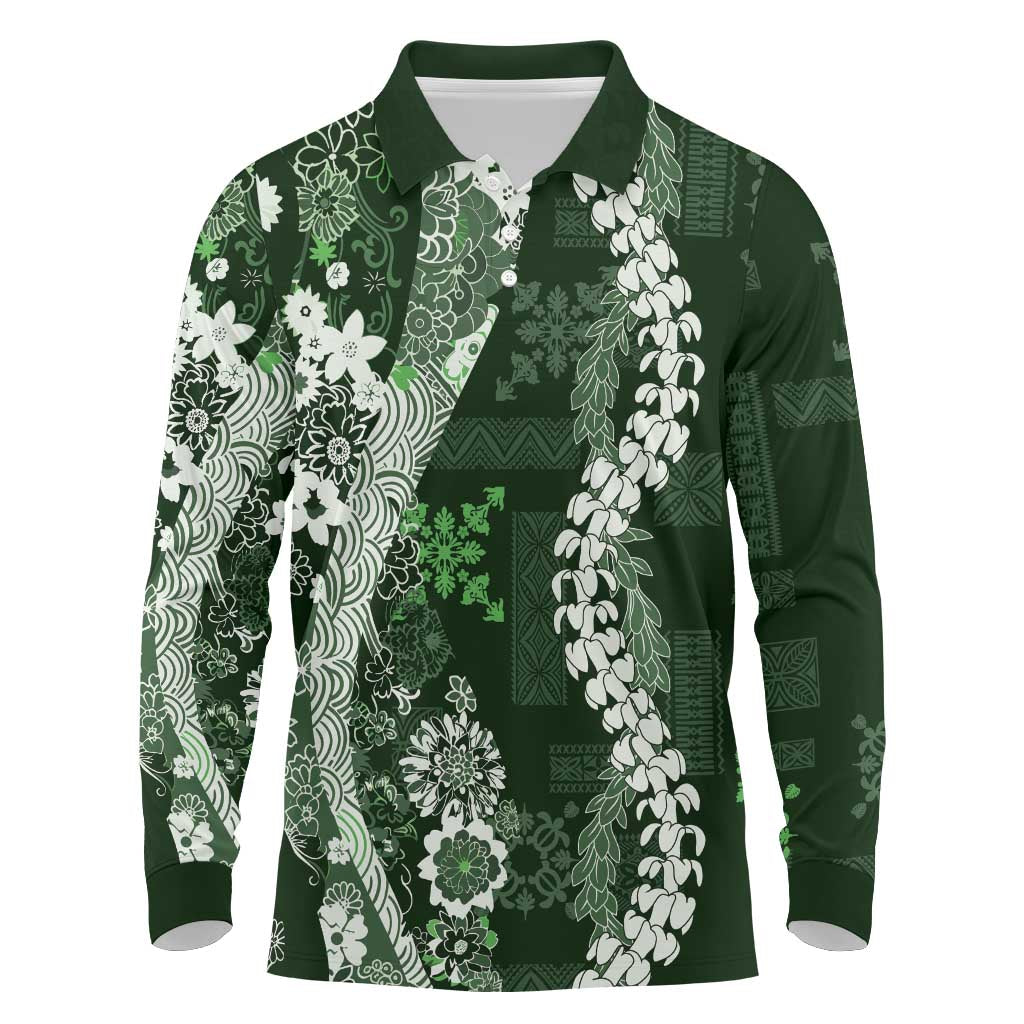Hawaii Puakenikeni and Maile Lei Long Sleeve Polo Shirt Green Japanese Wave Style - Polynesian Pride