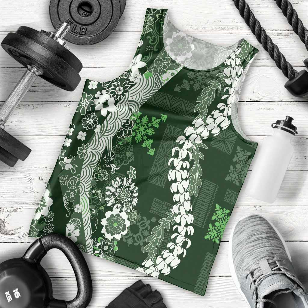 Hawaii Puakenikeni and Maile Lei Men Tank Top Green Japanese Wave Style - Polynesian Pride
