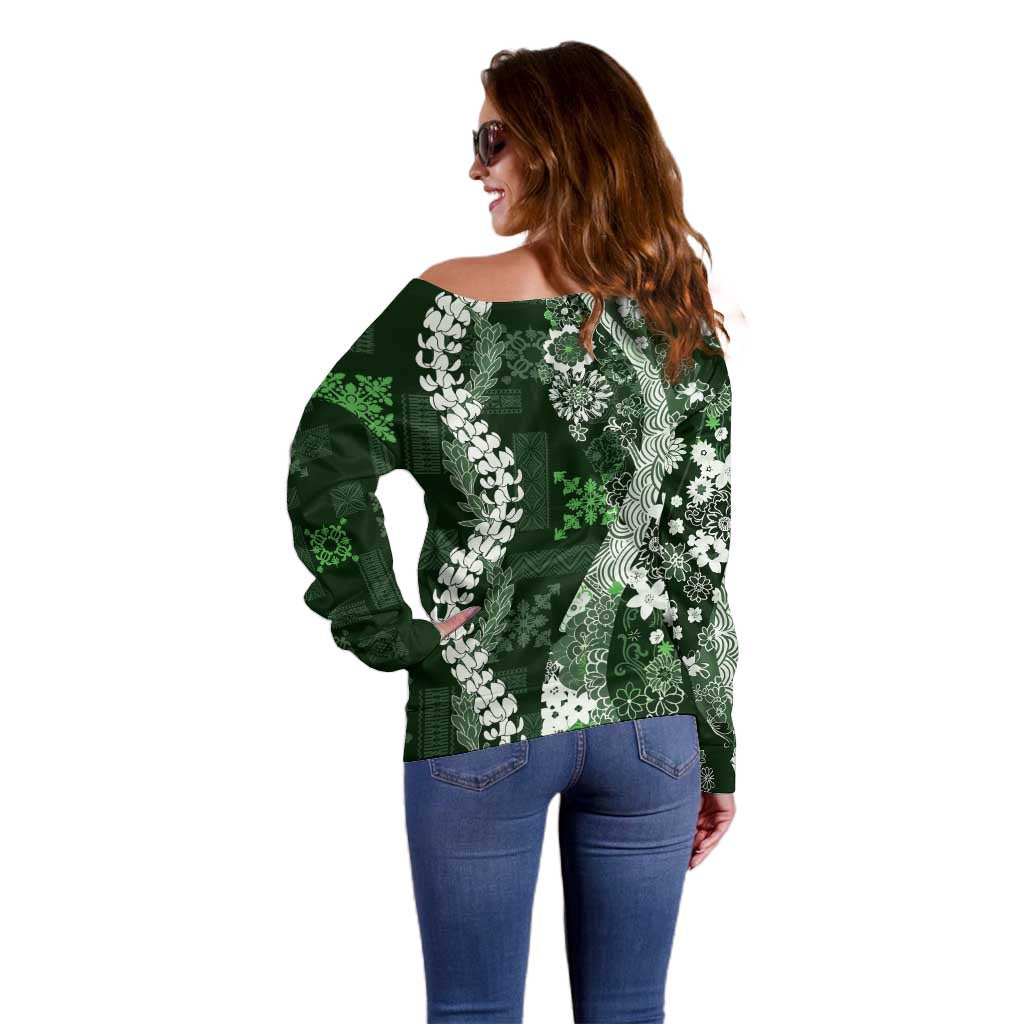 Hawaii Puakenikeni and Maile Lei Off Shoulder Sweater Green Japanese Wave Style - Polynesian Pride