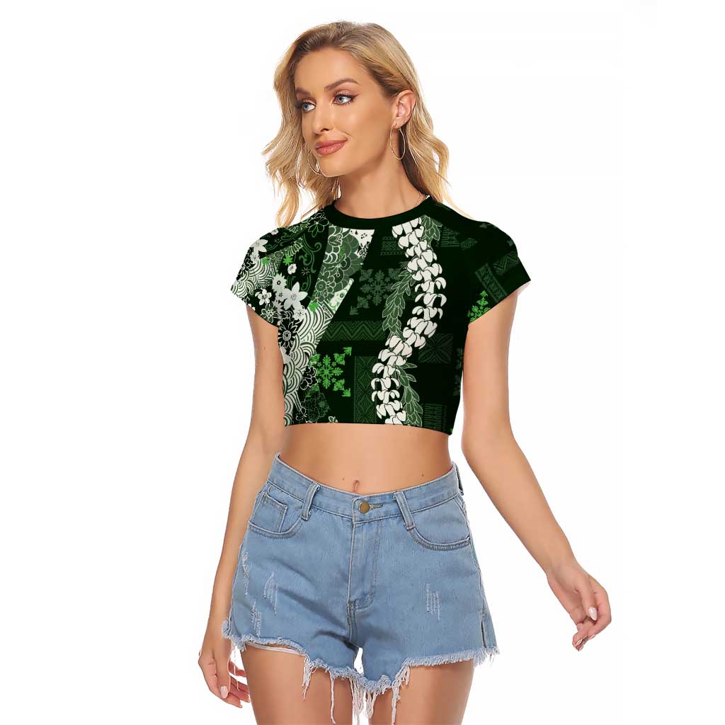 Hawaii Puakenikeni and Maile Lei Raglan Cropped T Shirt Green Japanese Wave Style - Polynesian Pride