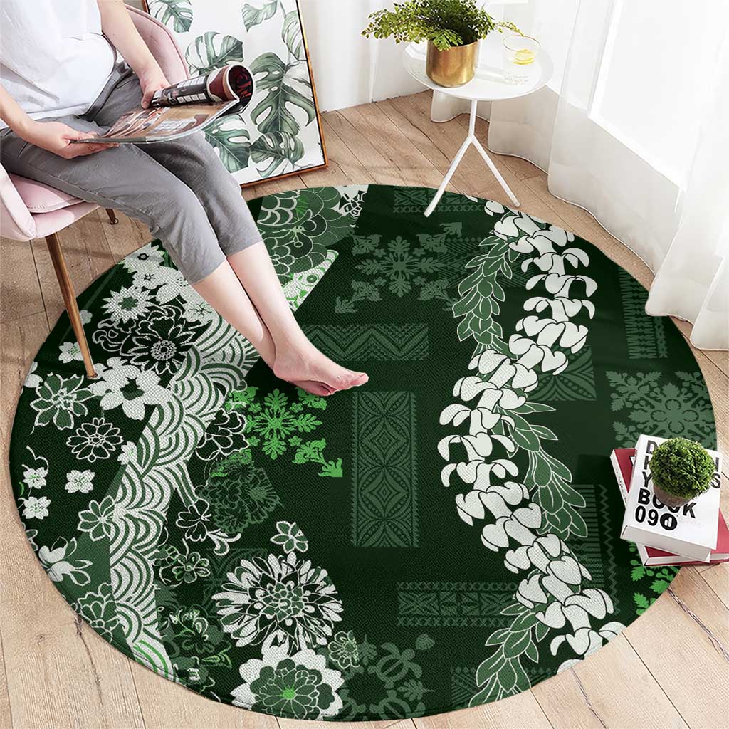Hawaii Puakenikeni and Maile Lei Round Carpet Green Japanese Wave Style - Polynesian Pride