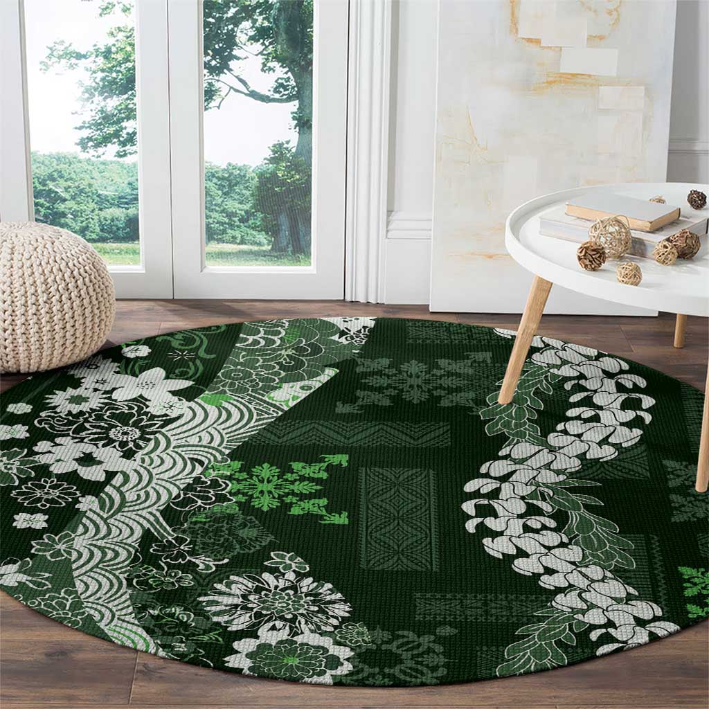Hawaii Puakenikeni and Maile Lei Round Carpet Green Japanese Wave Style - Polynesian Pride