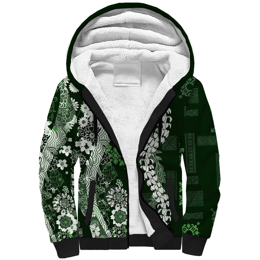 Hawaii Puakenikeni and Maile Lei Sherpa Hoodie Green Japanese Wave Style - Polynesian Pride