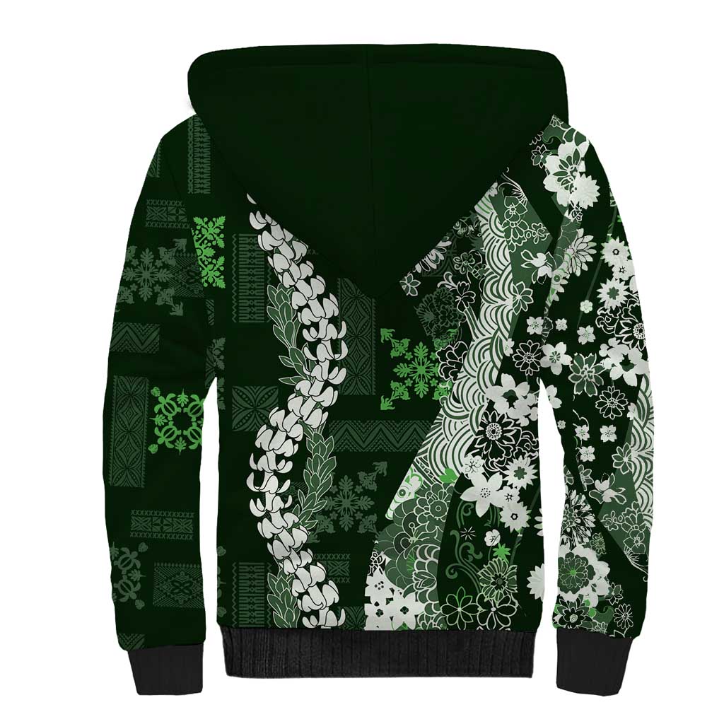 Hawaii Puakenikeni and Maile Lei Sherpa Hoodie Green Japanese Wave Style - Polynesian Pride