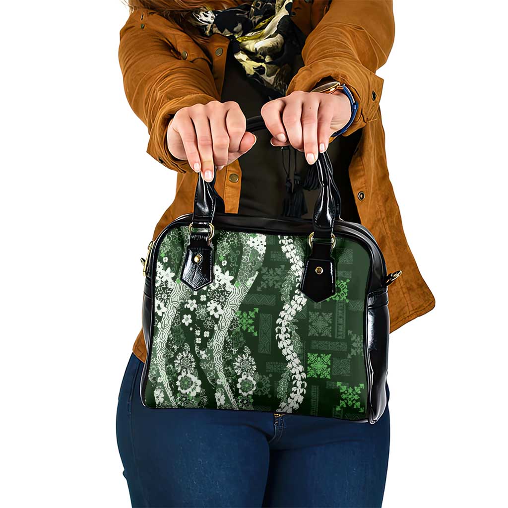 Hawaii Puakenikeni and Maile Lei Shoulder Handbag Green Japanese Wave Style - Polynesian Pride