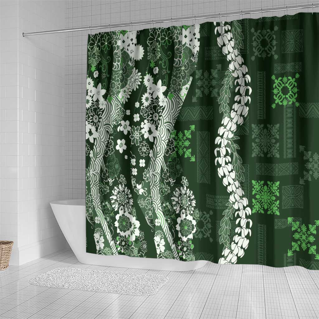 Hawaii Puakenikeni and Maile Lei Shower Curtain Green Japanese Wave Style - Polynesian Pride