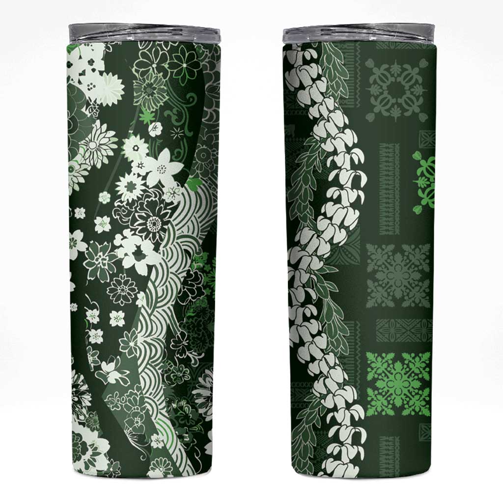 Hawaii Puakenikeni and Maile Lei Skinny Tumbler Green Japanese Wave Style - Polynesian Pride
