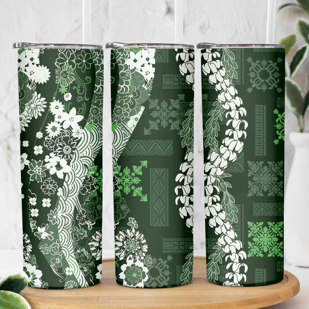 Hawaii Puakenikeni and Maile Lei Skinny Tumbler Green Japanese Wave Style - Polynesian Pride