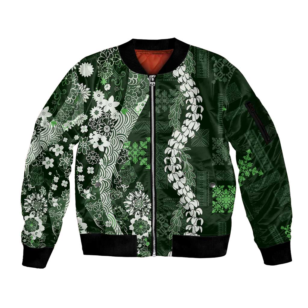 Hawaii Puakenikeni and Maile Lei Sleeve Zip Bomber Jacket Green Japanese Wave Style - Polynesian Pride