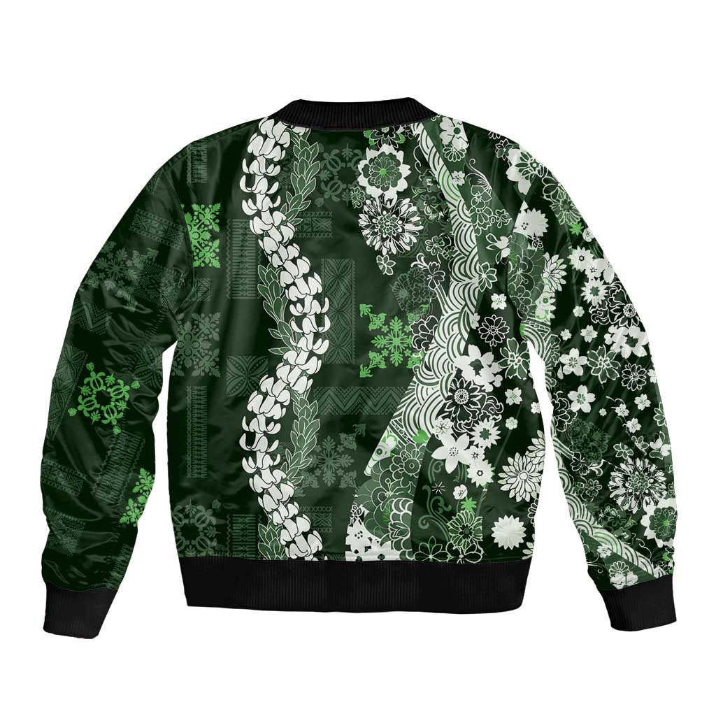 Hawaii Puakenikeni and Maile Lei Sleeve Zip Bomber Jacket Green Japanese Wave Style - Polynesian Pride