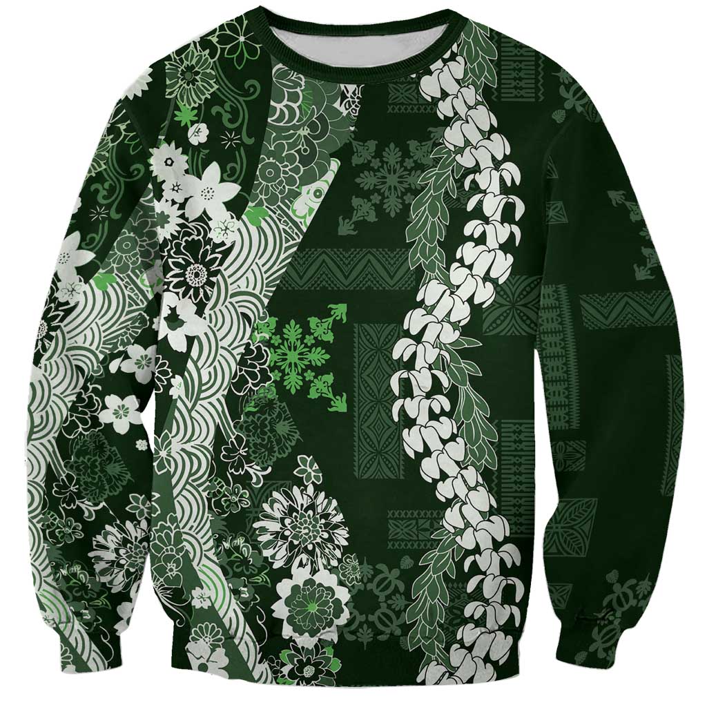 Hawaii Puakenikeni and Maile Lei Sweatshirt Green Japanese Wave Style LT9 Unisex Green - Polynesian Pride