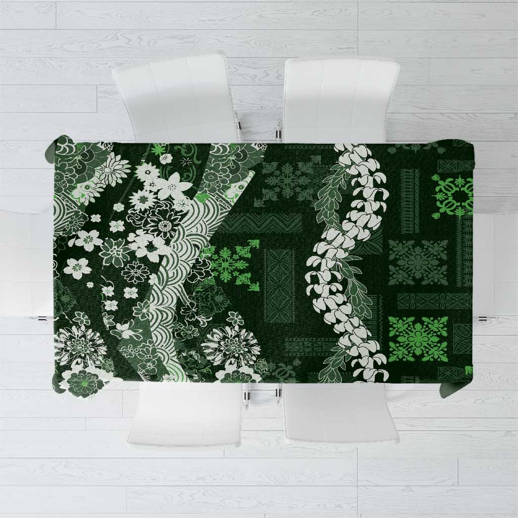 Hawaii Puakenikeni and Maile Lei Tablecloth Green Japanese Wave Style - Polynesian Pride