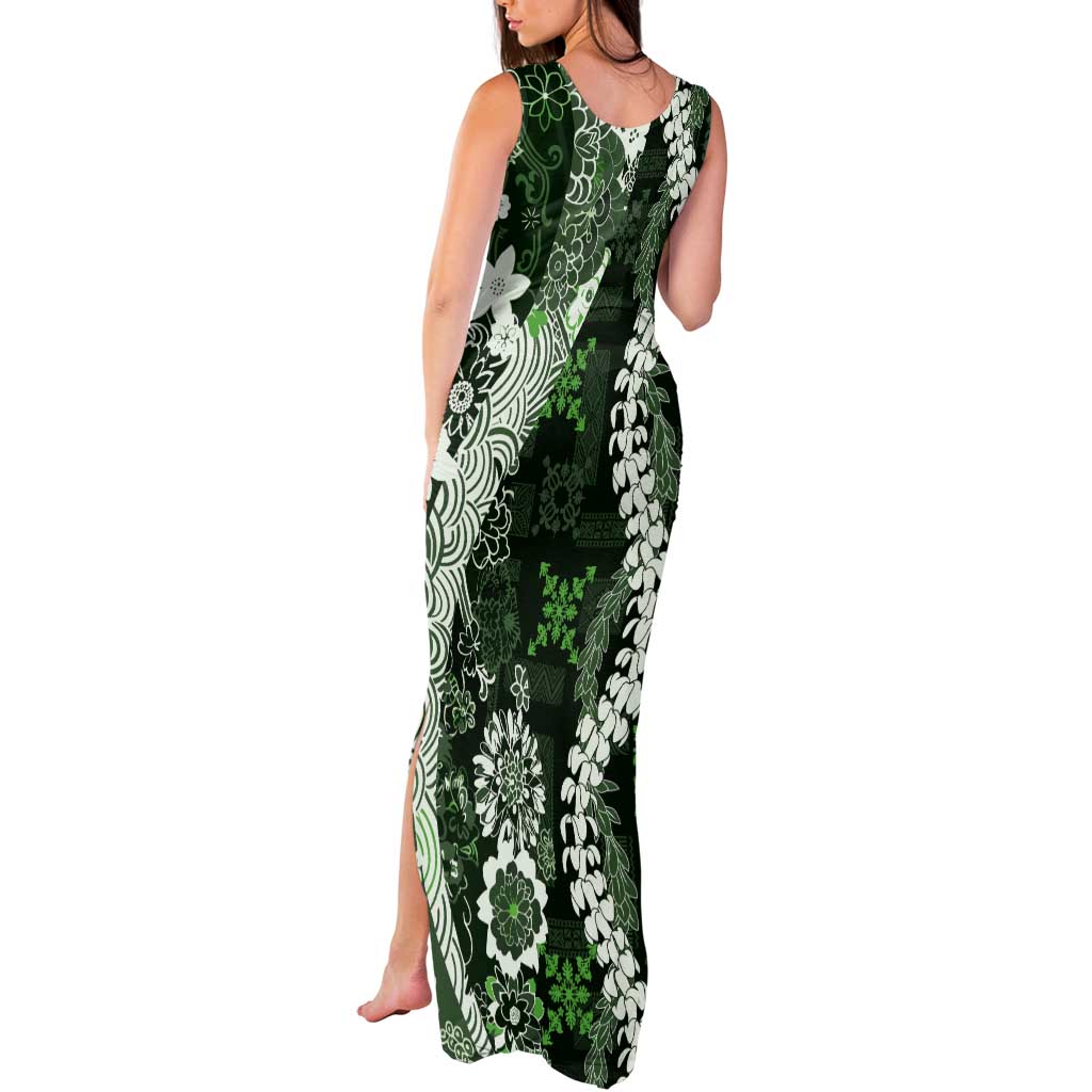 Hawaii Puakenikeni and Maile Lei Tank Maxi Dress Green Japanese Wave Style - Polynesian Pride