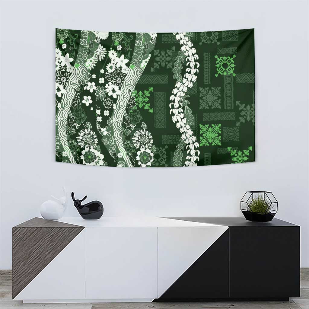 Hawaii Puakenikeni and Maile Lei Tapestry Green Japanese Wave Style - Polynesian Pride