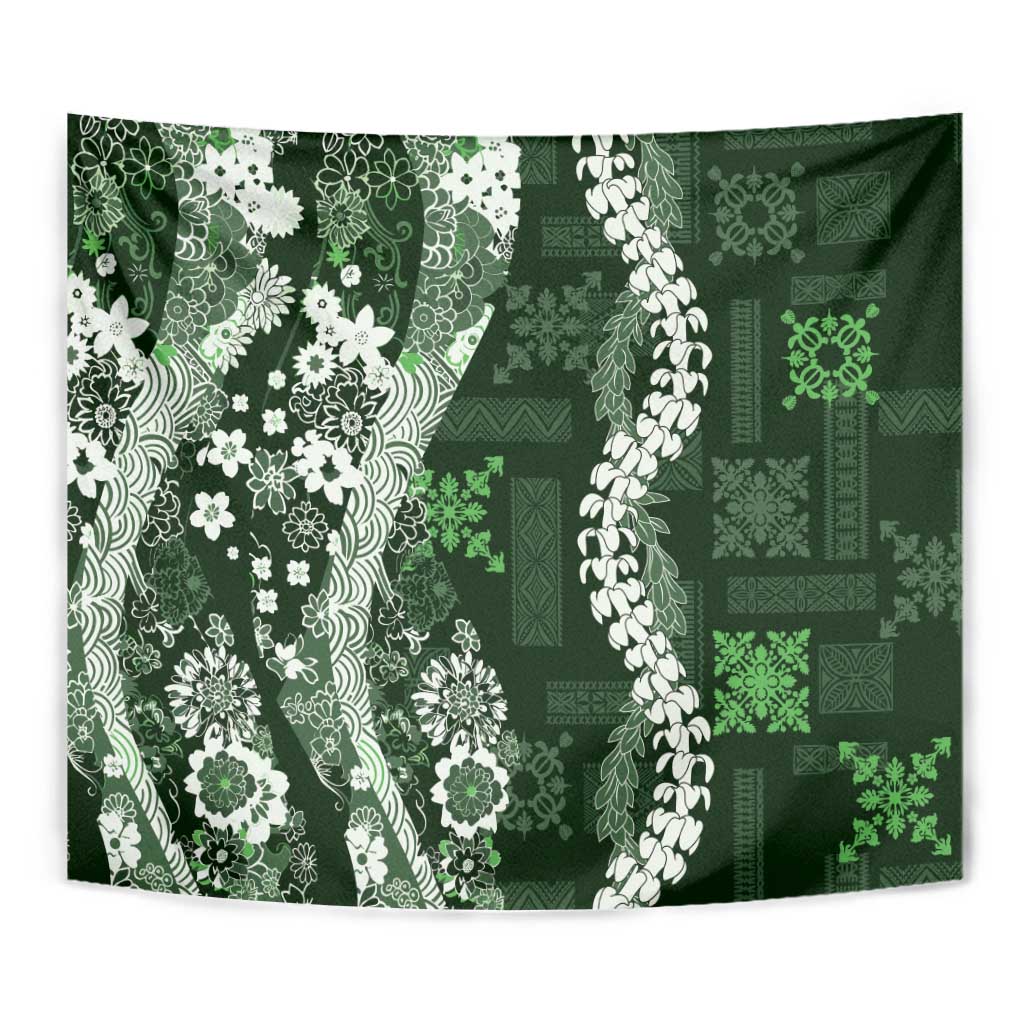 Hawaii Puakenikeni and Maile Lei Tapestry Green Japanese Wave Style - Polynesian Pride