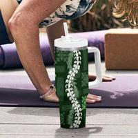 Hawaii Puakenikeni and Maile Lei Tumbler With Handle Green Japanese Wave Style - Polynesian Pride